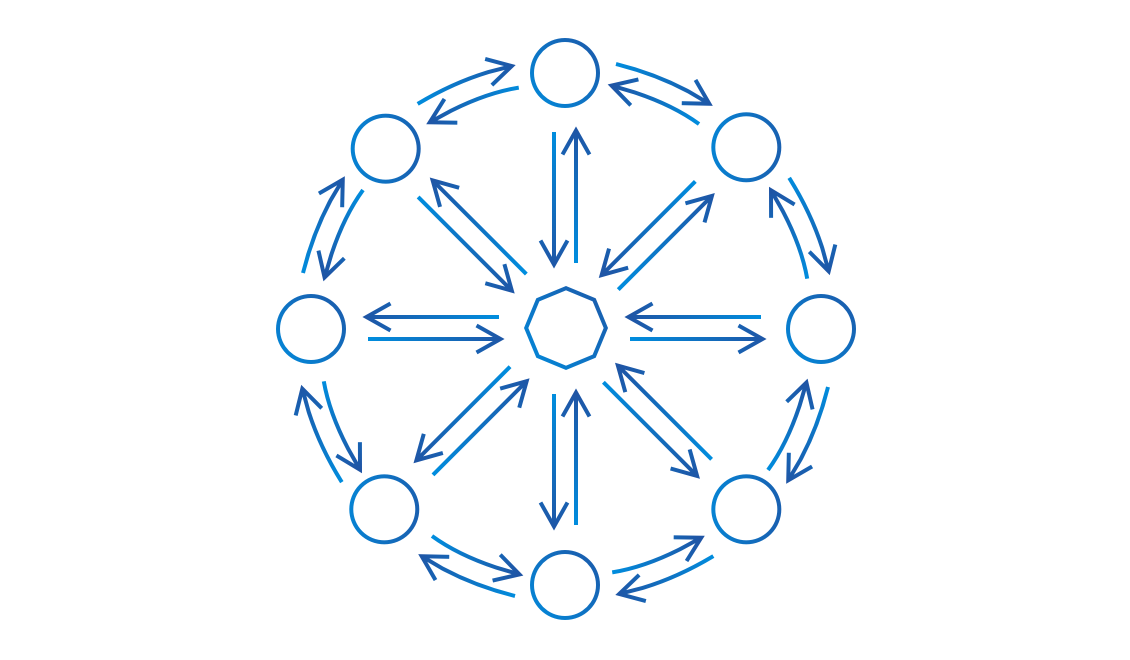 Illustration showing arrows connecting various circles, representing individuals, and an octagon, representing a design system.